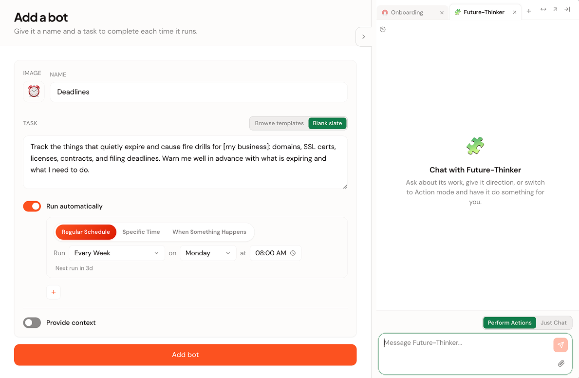 The Add a bot screen in bots.team, showing the Image and Name fields, a Task text box with Browse templates and Blank slate options, a Run automatically toggle, and an Add bot button